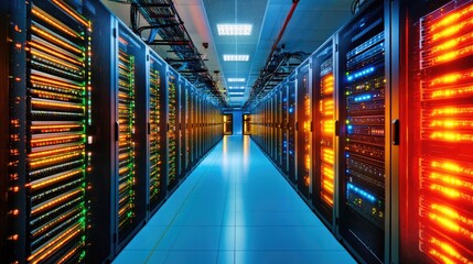 A modern data center showcasing rows of high-tech servers with illuminated lights in a sleek, organized environment.