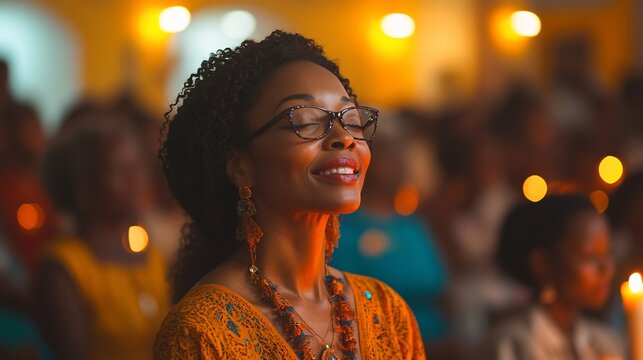 A woman with closed eyes smiles with happiness and joy in church, surrounded by other church goers and lit candles.