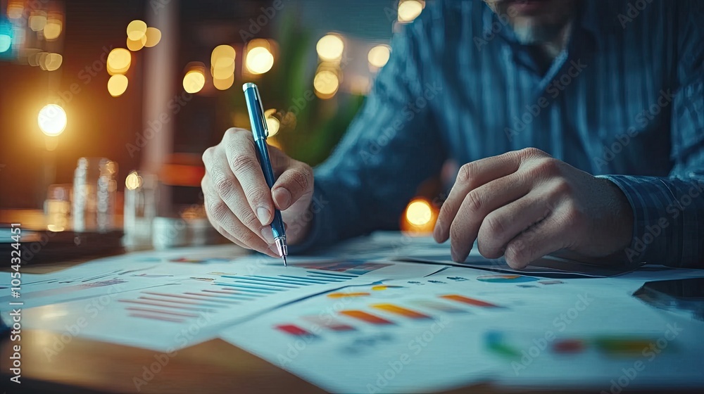 Poster a person analyzing data with charts and graphs in a dimly lit workspace, focusing on creativity and 