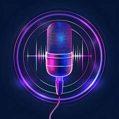 Neon microphone and music icons glowing on black background with 3D light effects