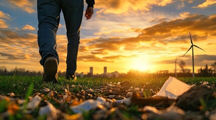 Fototapeta premium A person walks through a field at sunset, highlighting the contrast between nature and litter, evoking a sense of environmental awareness.