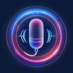 Neon microphone and music icons glowing on black background with 3D light effects