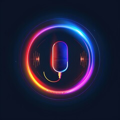 Neon microphone and music icons glowing on black background with 3D light effects