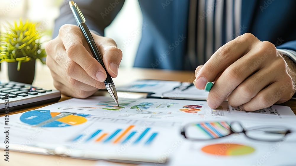Poster a professional analyzing data with charts and graphs, highlighting key insights in a modern office s
