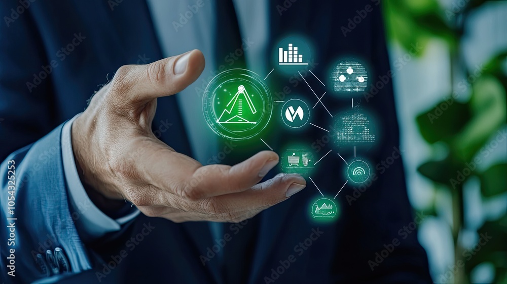 Poster a professional hand displaying futuristic data graphics in green, symbolizing technology and innovat