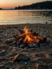Close-up of a campfire on the beach near a boat and lake.