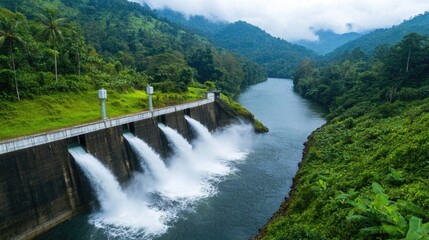 Fototapeta premium A serene landscape featuring a dam, flowing water, and lush greenery surrounded by majestic mountains and a tranquil river.