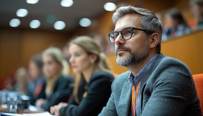 Fototapeta premium Attentive Man with Glasses and Beard in Conference Setting