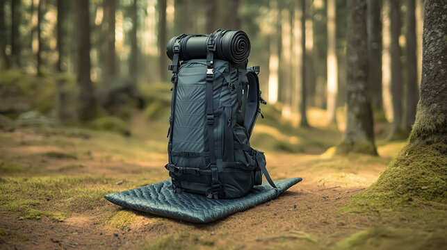 Hiking backpack with mat during trek in forest
