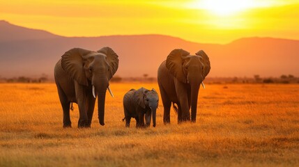 Fototapeta premium A serene sunset scene featuring three elephants walking gracefully across a vibrant savannah landscape.