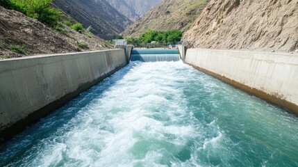 A serene water flow through a concrete channel surrounded by lush greenery and mountains, showcasing nature's harmony.