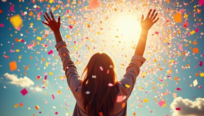 Woman celebrating with confetti under bright sunlight

