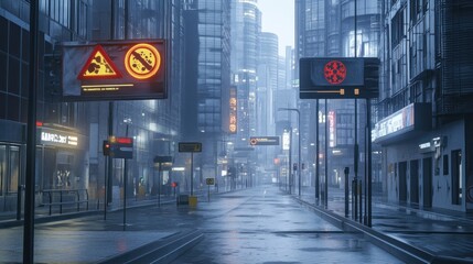 A futuristic city street with tall buildings and neon signs.  The street is empty and wet from the rain.  The sky is overcast and the air is misty.