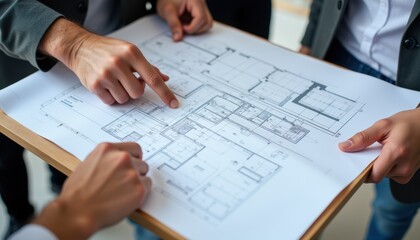 Businessmen pointing at architectural blueprints on desk

