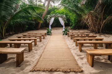 Jungle inspired wedding ceremony under a natural canopy of trees with a wooden aisle runner and benches offering a secluded and intimate forest setting