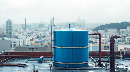 Obraz premium Blue Water Tank on Urban Rooftop with Foggy Cityscape