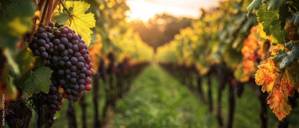 Poster a row of grape vines with leaves and grapes hanging from them