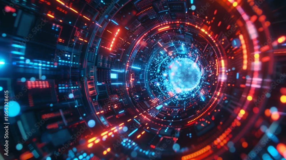 Poster futuristic tunnel rotating with red and blue lights and digital data flowing, creating a mesmerizing