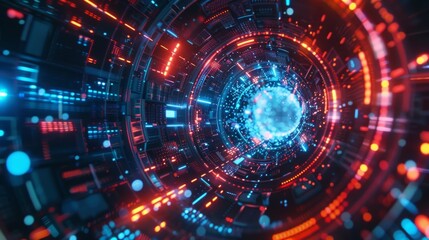 Obraz premium Futuristic tunnel rotating with red and blue lights and digital data flowing, creating a mesmerizing visual effect, ideal for technology and innovation concepts