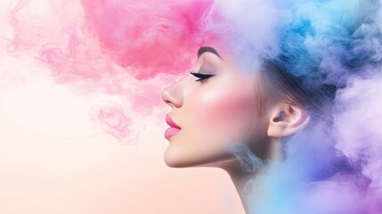 A stunning profile of a woman surrounded by colorful smoke, showcasing beauty and artistic expression in a vibrant atmosphere.