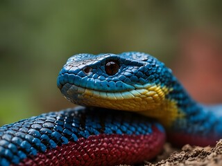 Fototapeta premium Close-up of a vibrant blue pit viper in nature with a blurred red background.