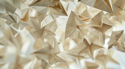 A closeup of a delicate origami installation featuring intricate folds and designs hanging from the ceiling in one of the workshop classrooms.