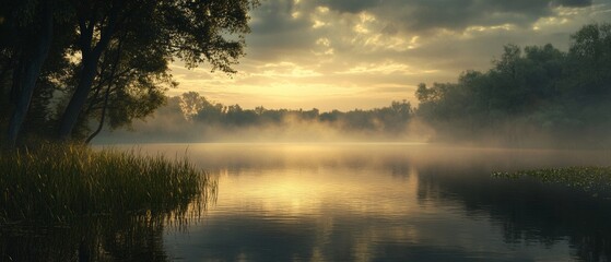 Obraz premium A calm lake with a cloudy sky in the background