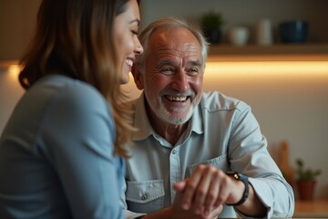 Smiling elderly man and woman interacting, with the man wearing a smartwatch. Highlights connection, joy, and technology in senior lifestyle