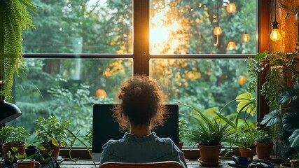 A person is working on a computer in a cozy home environment with many plants and a view of the autumn garden.
