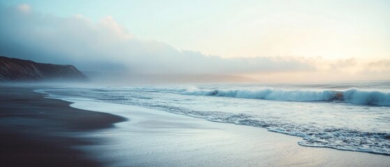 Fototapeta premium A beach with a cloudy sky and a wave in the distance
