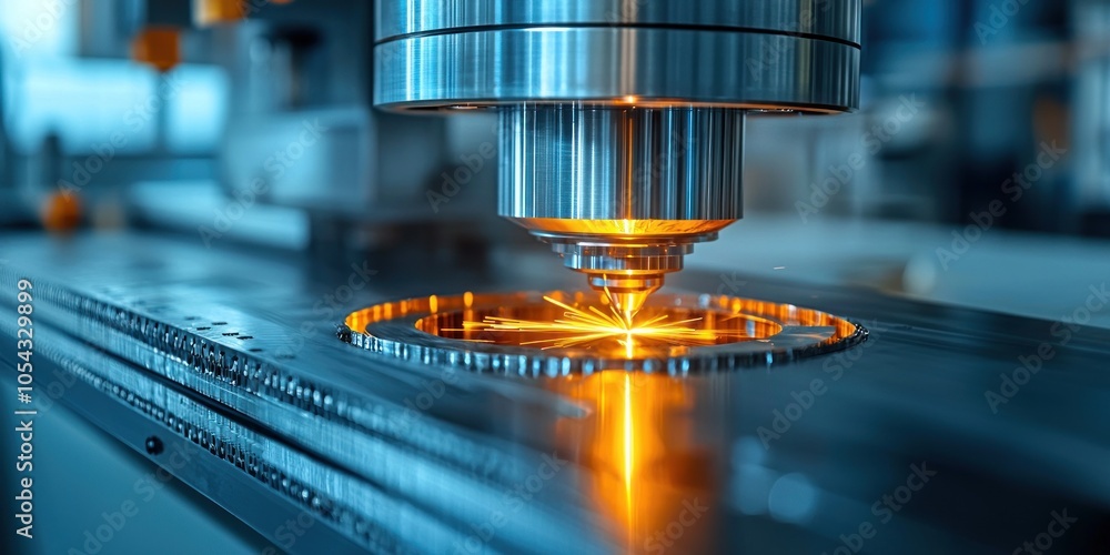 Poster close-up of a laser cutting machine in operation, sparks flying from the workpiece.