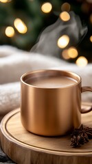 A warm cup of coffee or tea on a wooden coaster with a cozy and inviting atmosphere.