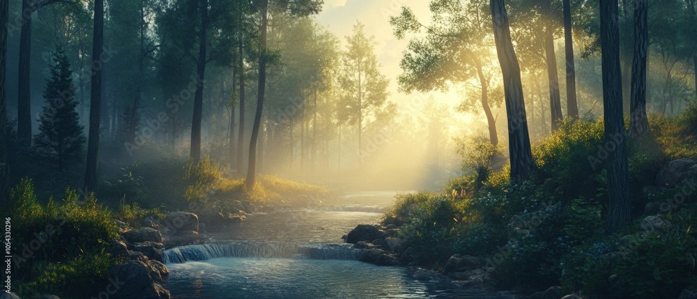 Poster a forest with a stream running through it