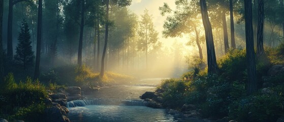 Obraz premium A forest with a stream running through it