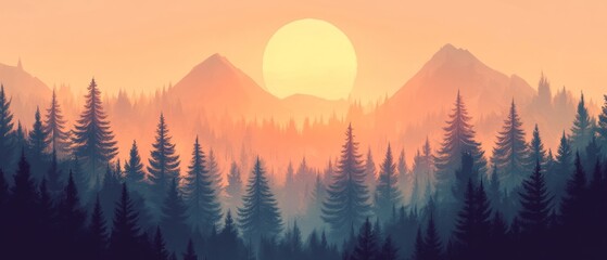 Obraz premium A beautiful mountain landscape with a large sun in the sky