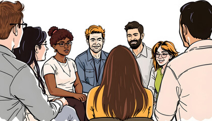 People participate in support group session isolated with white highlights, png