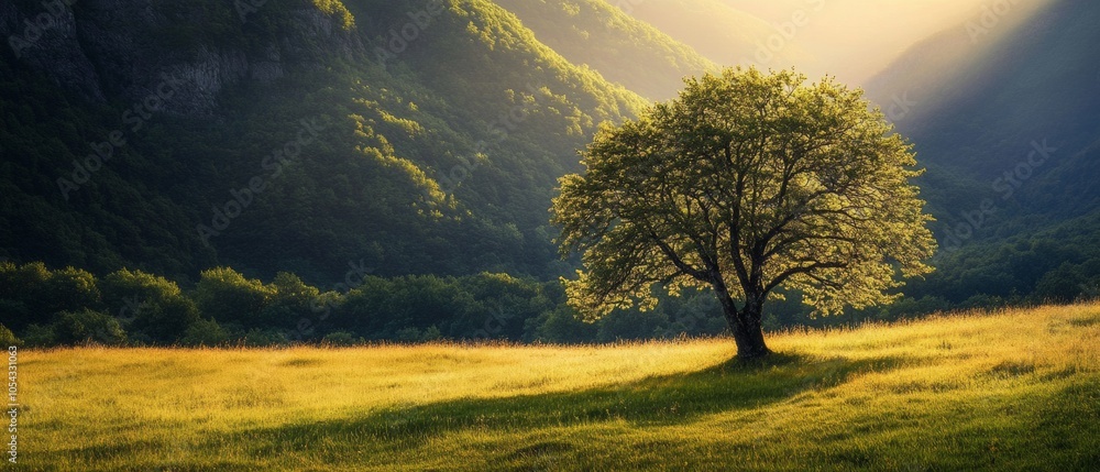 Poster a large tree stands in a field of grass