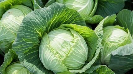 Fototapeta premium Close-up of lush, vibrant green napa cabbages, their leaves unfurling with freshness and vitality in natural light.