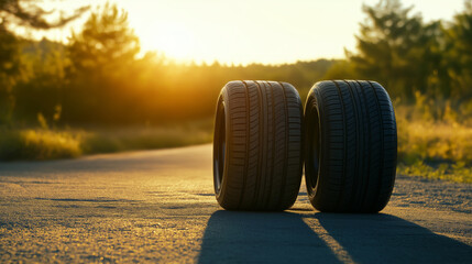 summer tires on the asphalt road in the sun