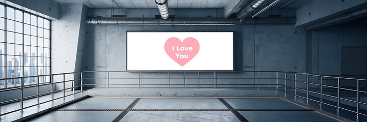 Industrial concrete hallway with a billboard displaying a pink heart and the words  I Love You  conveying romantic feelings and a modern urban setting   