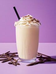 vanilla frappuccino and vanilla sticks on purple background