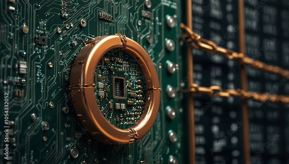 Poster cybersecurity chain link on a circuit board.
