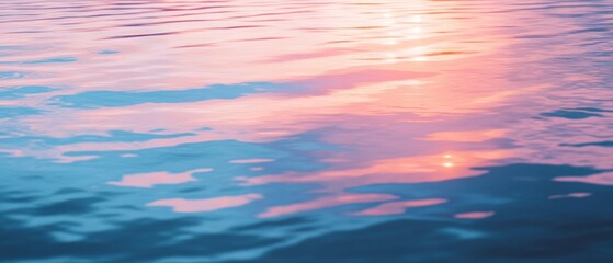 Obraz premium The water is calm and blue, with a pink and orange sunset in the background