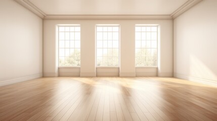 Fototapeta premium Sunlit room with large windows and polished wooden floor exudes serenity and openness, inviting calm reflection.