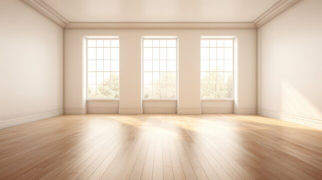 Sunlit room with large windows and polished wooden floor exudes serenity and openness, inviting calm reflection.