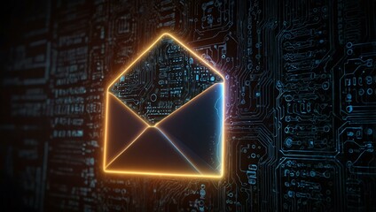 Digital illustration of a glowing envelope icon on a circuit background, symbolizing communication.