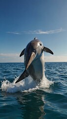 Fototapeta premium Dolphin jumping out of the water, vibrant blue colors.