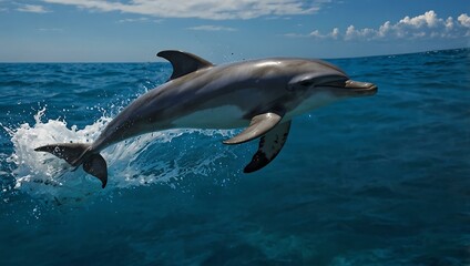 Naklejka premium Dolphin leaping above the water, vibrant blues and joyful.