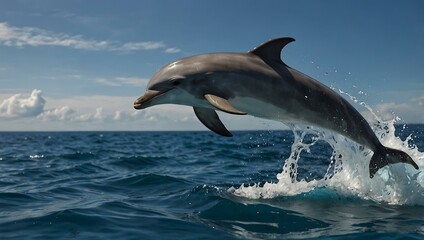 Dolphin leaping above the water, vibrant blues and joyful.