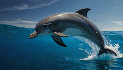 Dolphin leaping above the water, vibrant blues and joyful.
